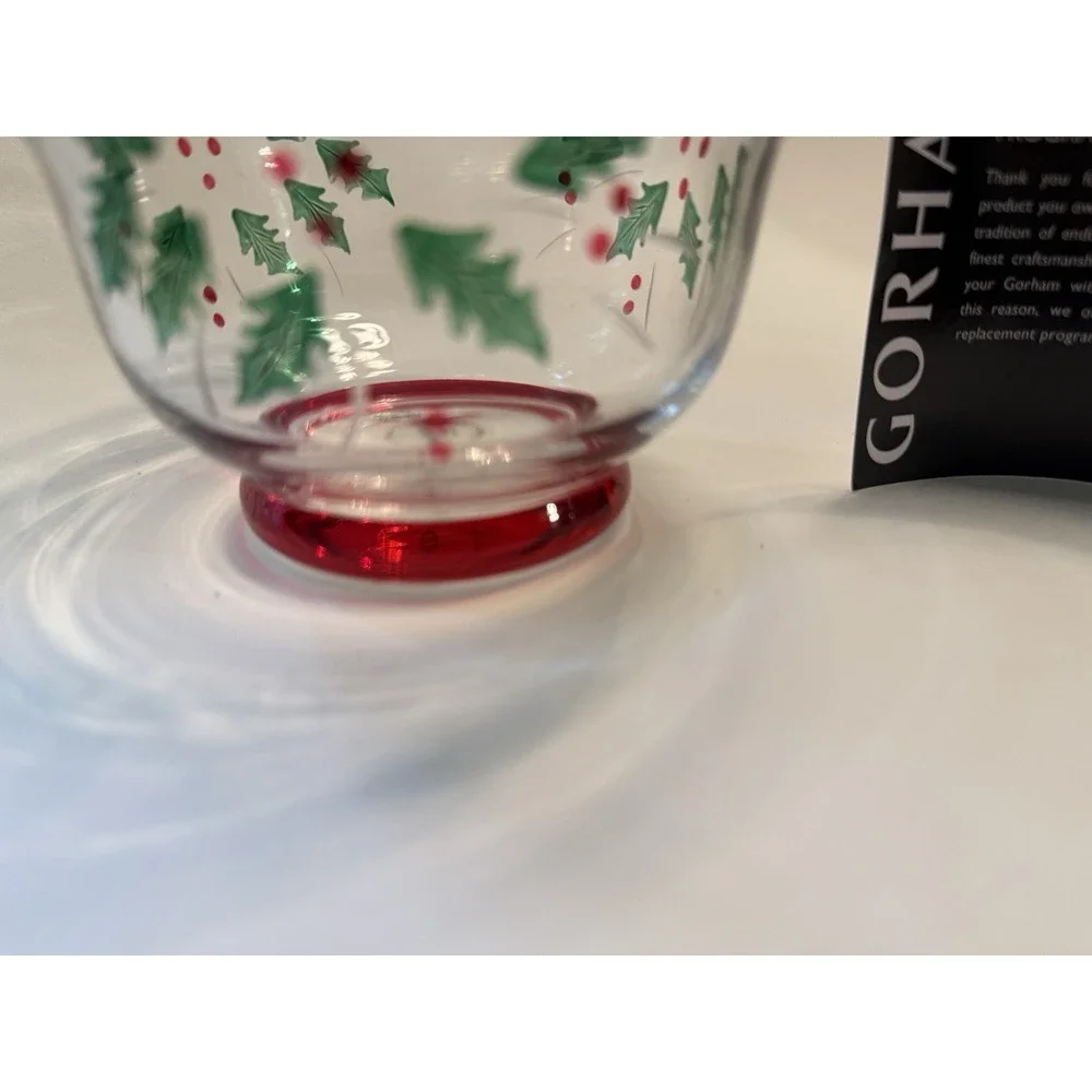 Gorham Festive Holly Candy Dish Hand Cut Painted 5" Diameter Christmas Glass - Picture 4 of 10
